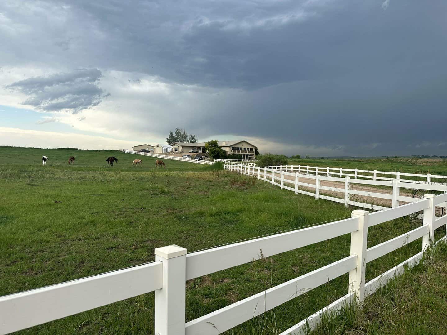 horses inside the pasture surrounded by a white fence; ranch house in the background