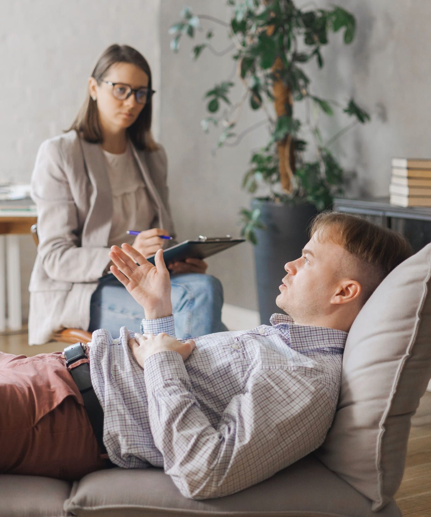 A man talks to his therapist at Louisville rehab in Colorado.