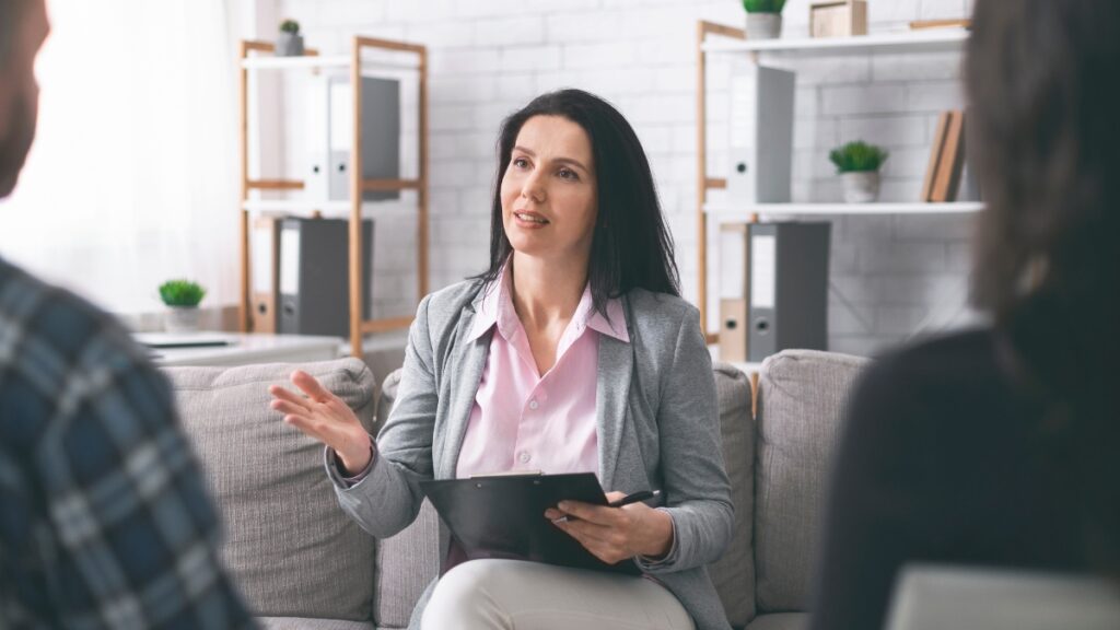 A therapist talks to a couple during borderline personality disorder treatment in Boulder, CO