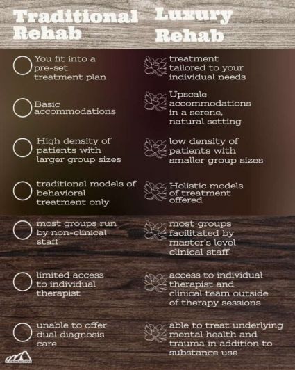An infographic comparing the differences between traditional rehab and luxury rehab.